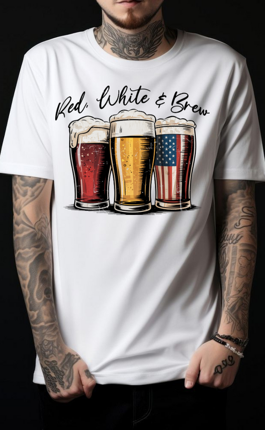 Unisex Beer T-Shirt Red White & Brew