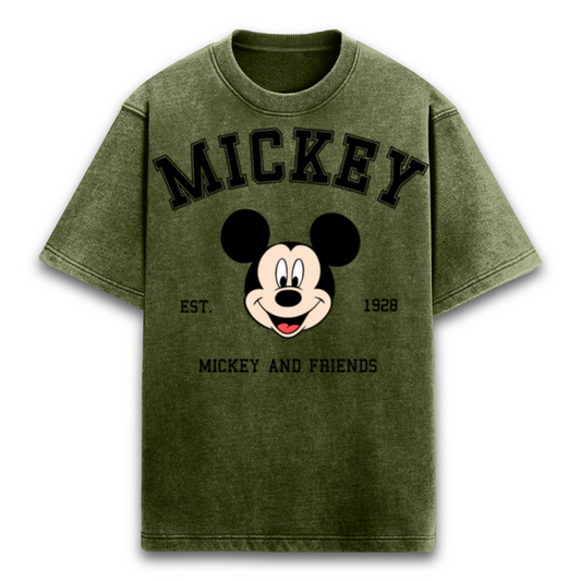 Unisex Oversized Acid Wash T shirt Mickey Mouse Olive Green